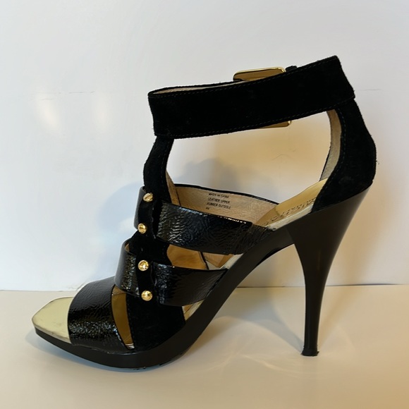 MICHAEL Michael Kors Upton Ankle Heels Crinkled Patent Leather Suede Black Sz 6 - Picture 3 of 7